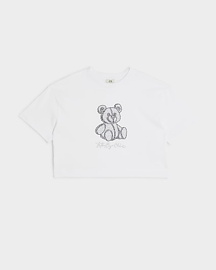 Girls white diamante bear t-shirt