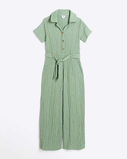 Girls green seersucker jumpsuit