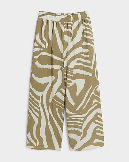 Girls beige zebra print wide leg trousers