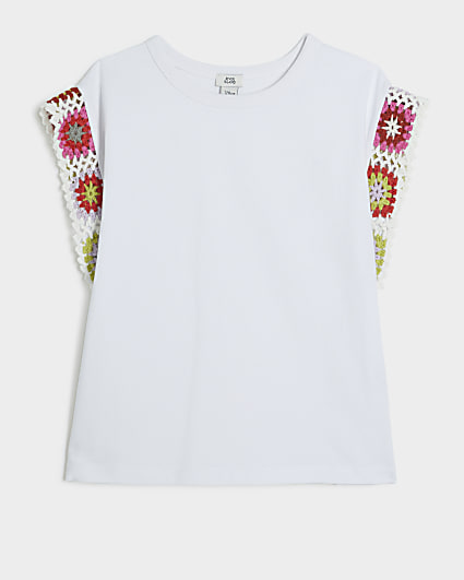 Girls white crochet sleeve t-shirt