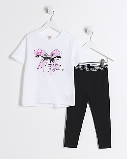 Mini girls white bow t-shirt and leggings set