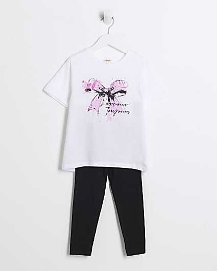 Mini girls white bow t-shirt and leggings set
