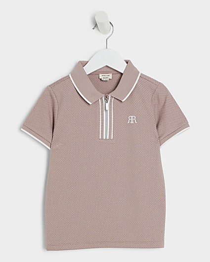 Mini Boys Pink textured Tipped Polo shirt