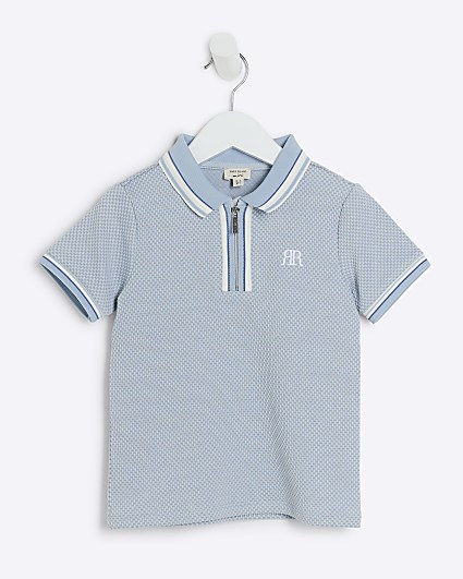 Mini boys blue textured polo shirt