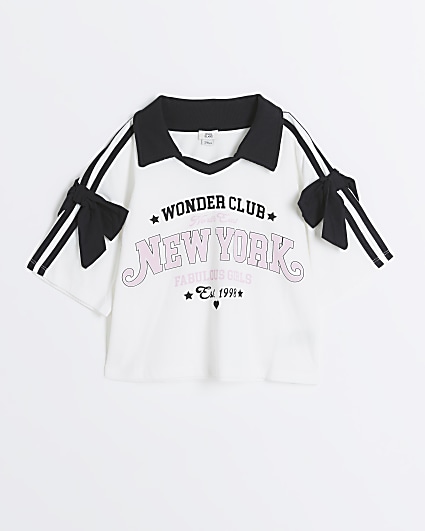 Girls white graphic bow football t-shirt