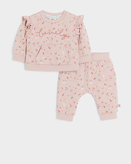 Baby girls pink floral frill sweatshirt set