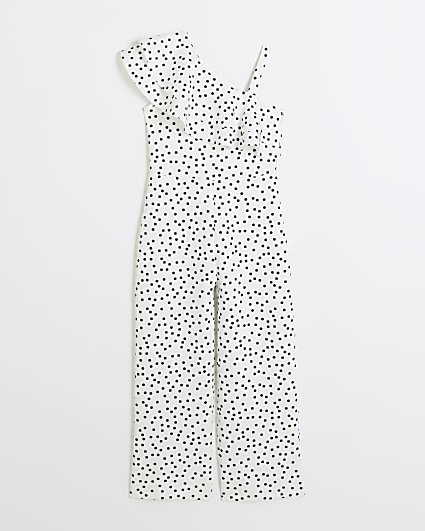 Girls white polka dot frill jumpsuit