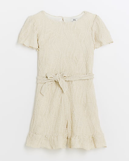 Girls Cream texture belted playsuit