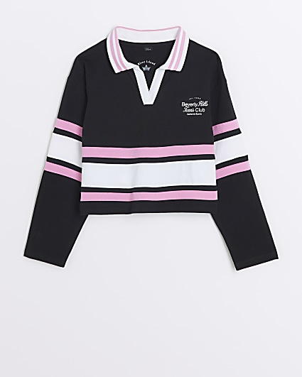 Girls black striped collared long sleeve top