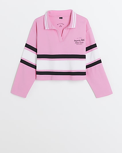 Girls pink striped collared long sleeve top