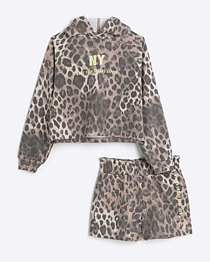 Girls brown leopard hoodie and shorts set