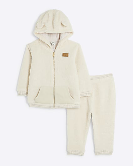 Baby boys beige borg bear hoodie set