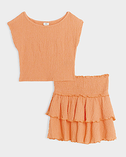 Girls coral textured top and skirt set