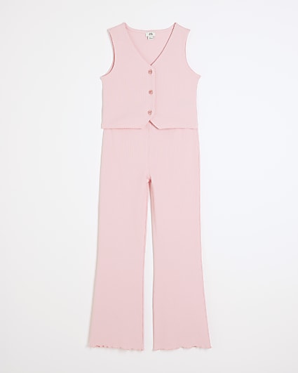 Girls pink ribbed waistcoat and trousers set