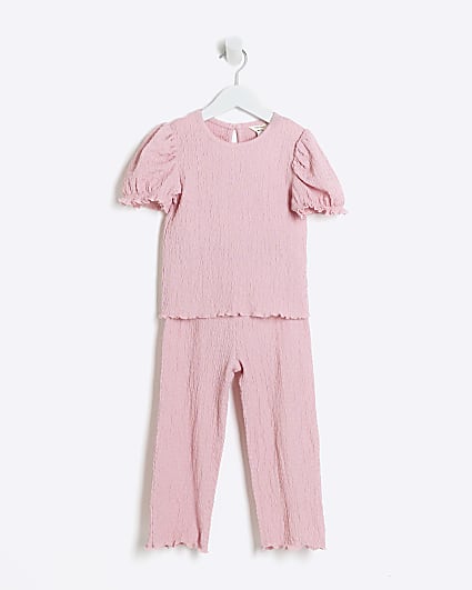 Mini girls pink puff sleeve t-shirt set