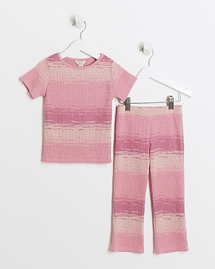 Mini girls pink ribbed tie dye t-shirt set