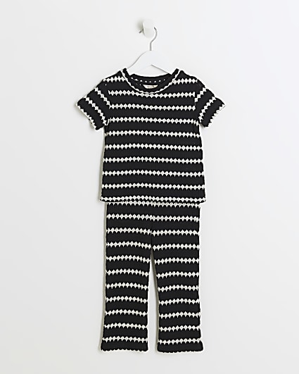 Mini girls black crochet stripe t-shirt set