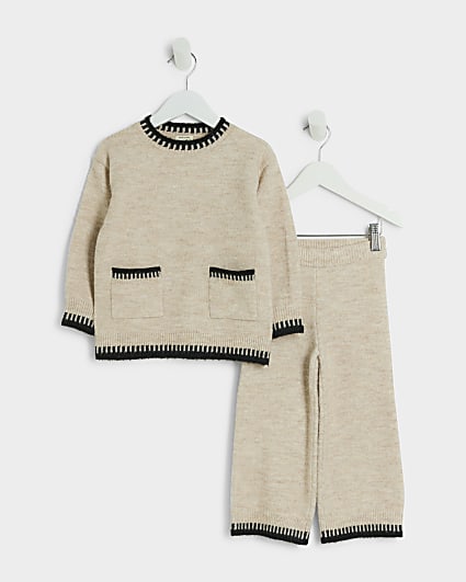 Mini girls beige knit whipstitch jumper set
