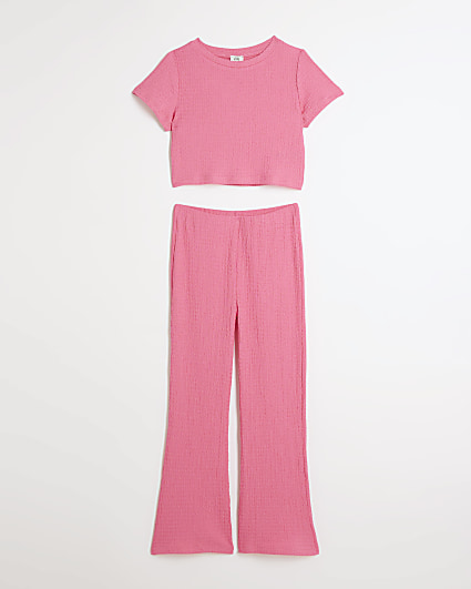 Girls pink textured crop t-shirt and trousers