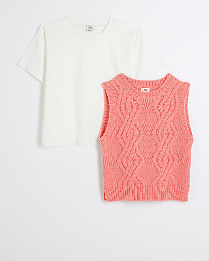 Girls pink cable knit vest top and t-shirt