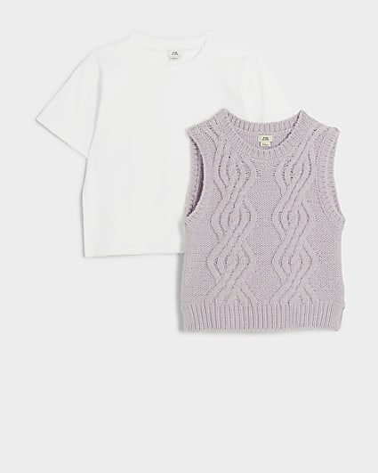 Girls purple cable knit vest top and t-shirt