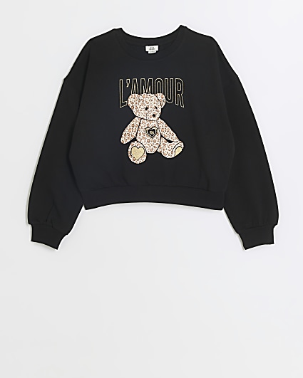 Girls black leopard print bear sweatshirt