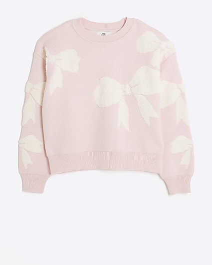 Girls pink boucle bow jumper