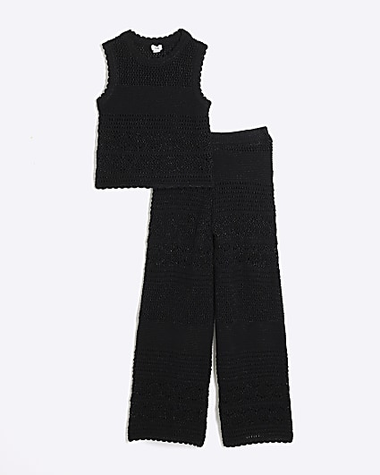 Girls black crochet tank top and trousers set