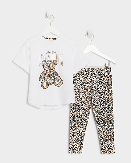Mini girls white leopard bear t-shirt set