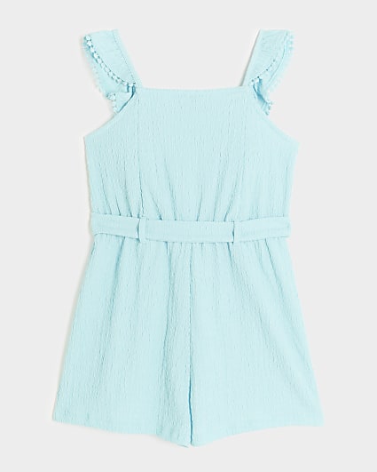 Girls blue belted frill playsuit