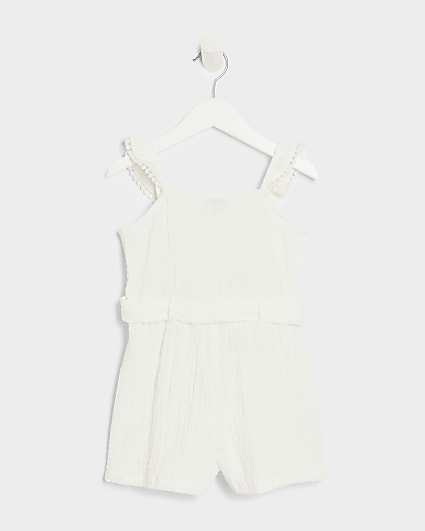 Mini girls white belted frill playsuit