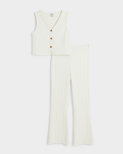 Girls White Ribbed Waistcoat And Trousers Set