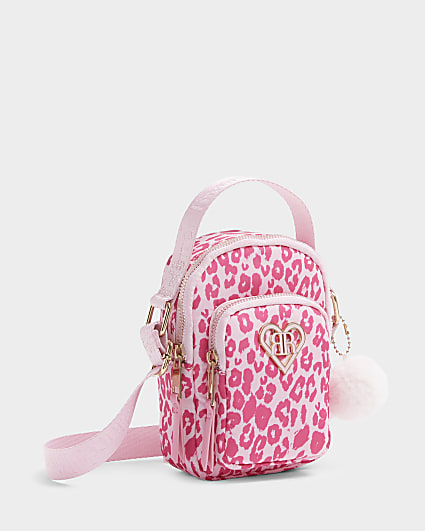 Girls pink leopard print cross body bag