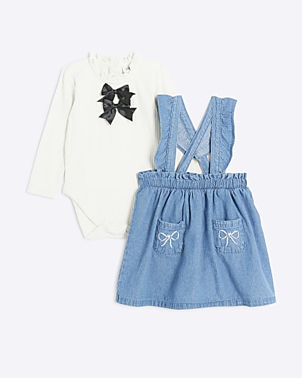Baby girls blue denim bow pinafore dress set