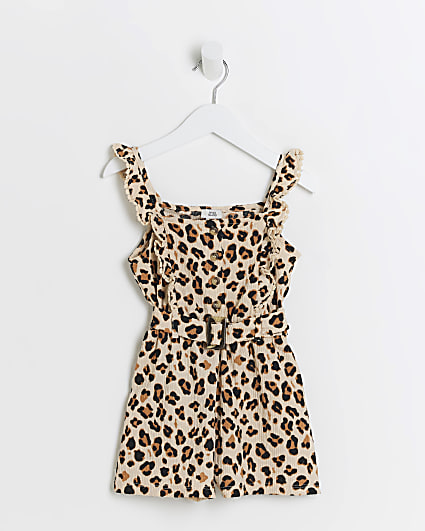 Mini girls brown leopard belted playsuit