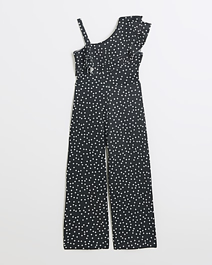 Girls black polka dot frill jumpsuit