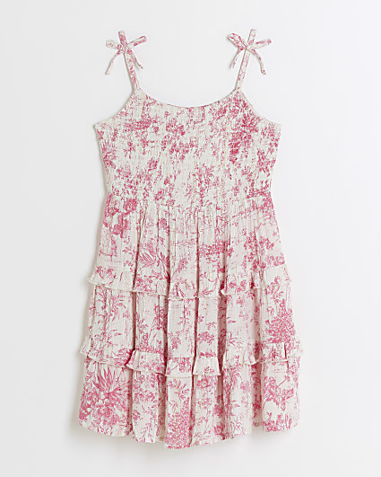 Girls pink floral shirred dress