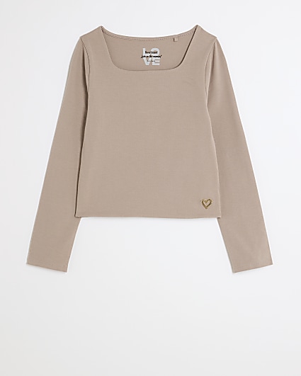 Girls beige square neck long sleeve top
