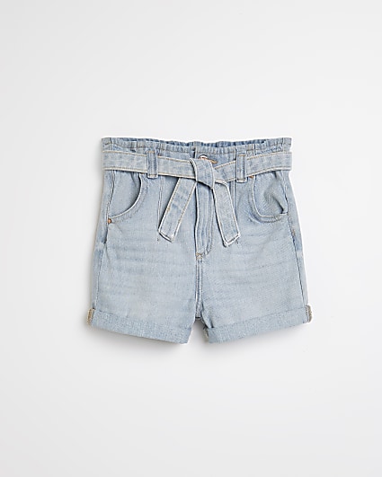 Mini Girls blue Paperbag Belted Shorts