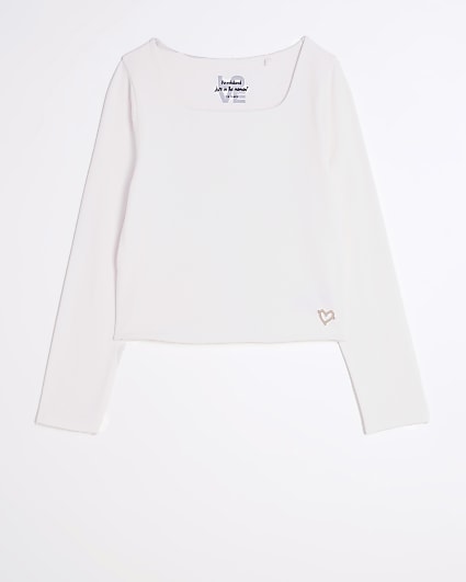 Girls white square neck long sleeve top