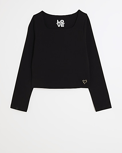 Girls black square neck long sleeve top