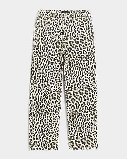 Girls brown leopard print straight jeans