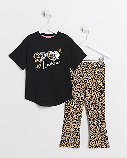 Mini Girls Black Leopard Print T-Shirt Set