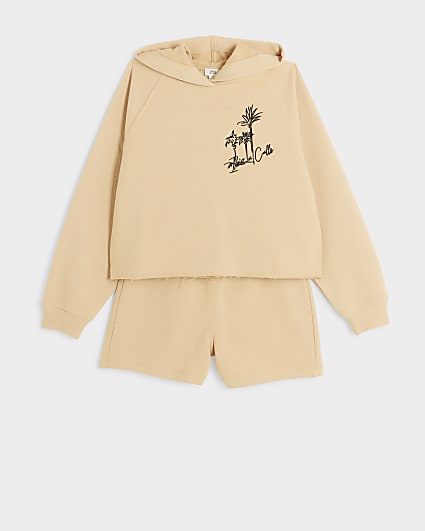 Girls beige safari print hoodie and short set
