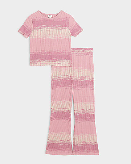 Girls pink ribbed tie dye crop t-shirt set