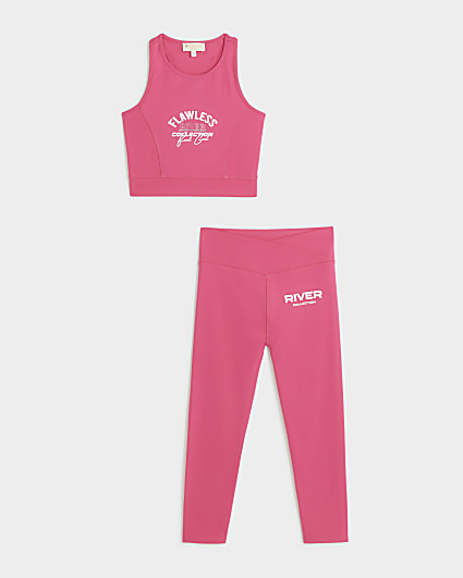 Girls pink active tank top and leggings set
