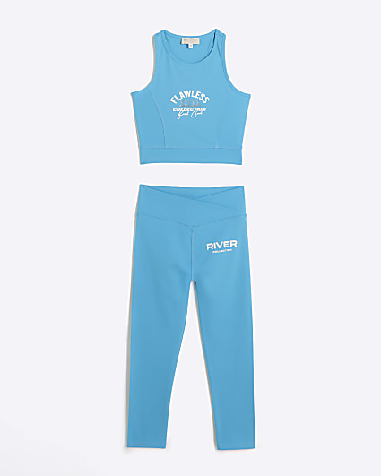 Girls blue active crop top and leggings set