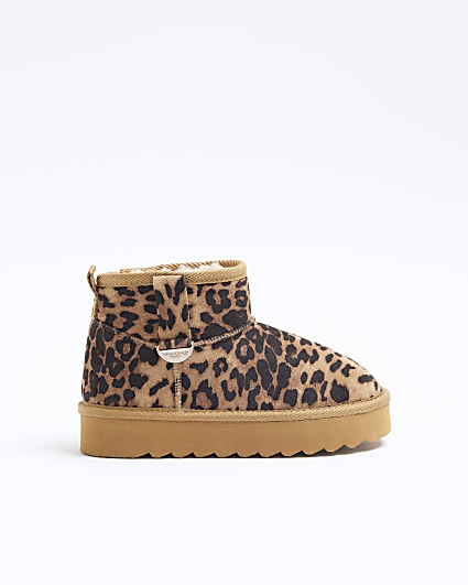 Girls brown suedette leopard boots