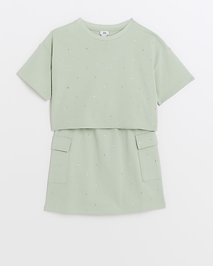 Girls Khaki Diamante T-shirt and Skirt Set