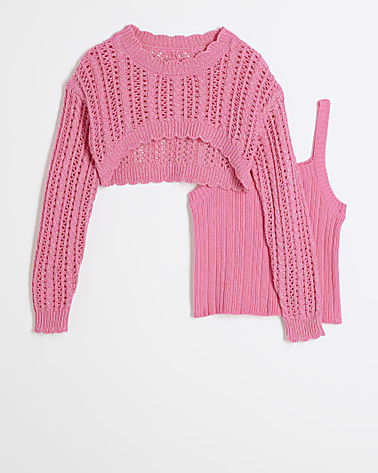 Girls pink 2 in 1 crochet jumper and tank top